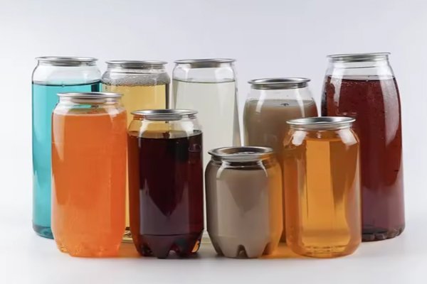 PET plastic bottles on production line